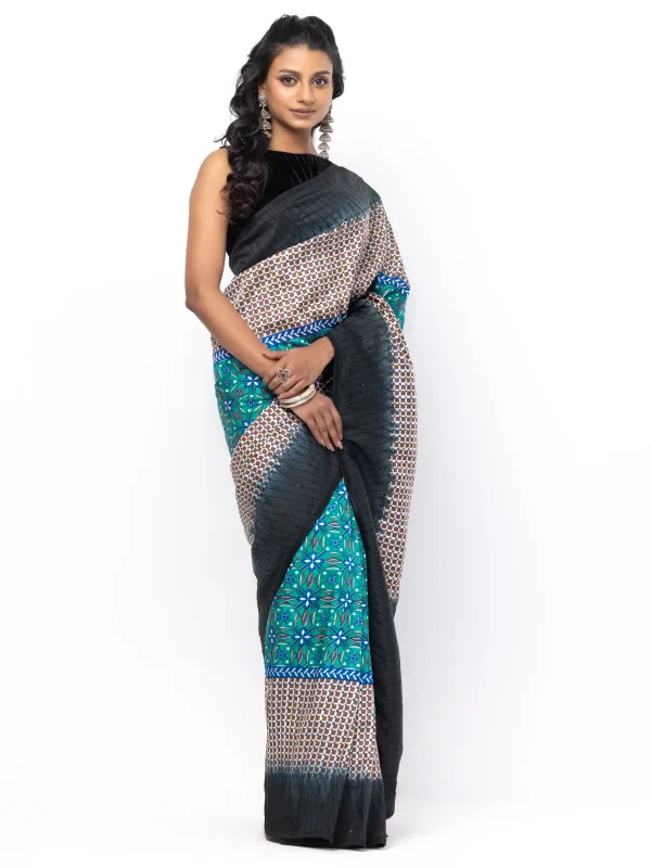 Teal Tie-Dyed and Embroidered Silk Saree