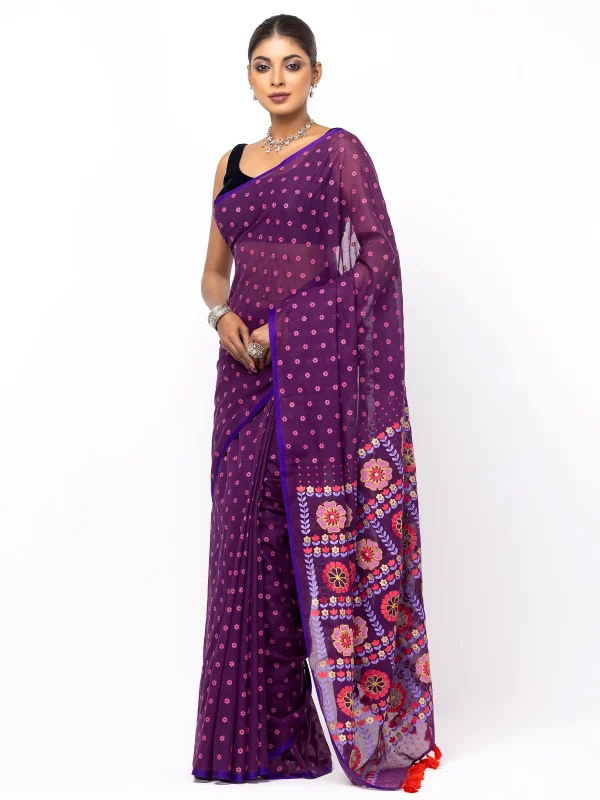 Plum Appliqued and Embroidered Cotton Saree