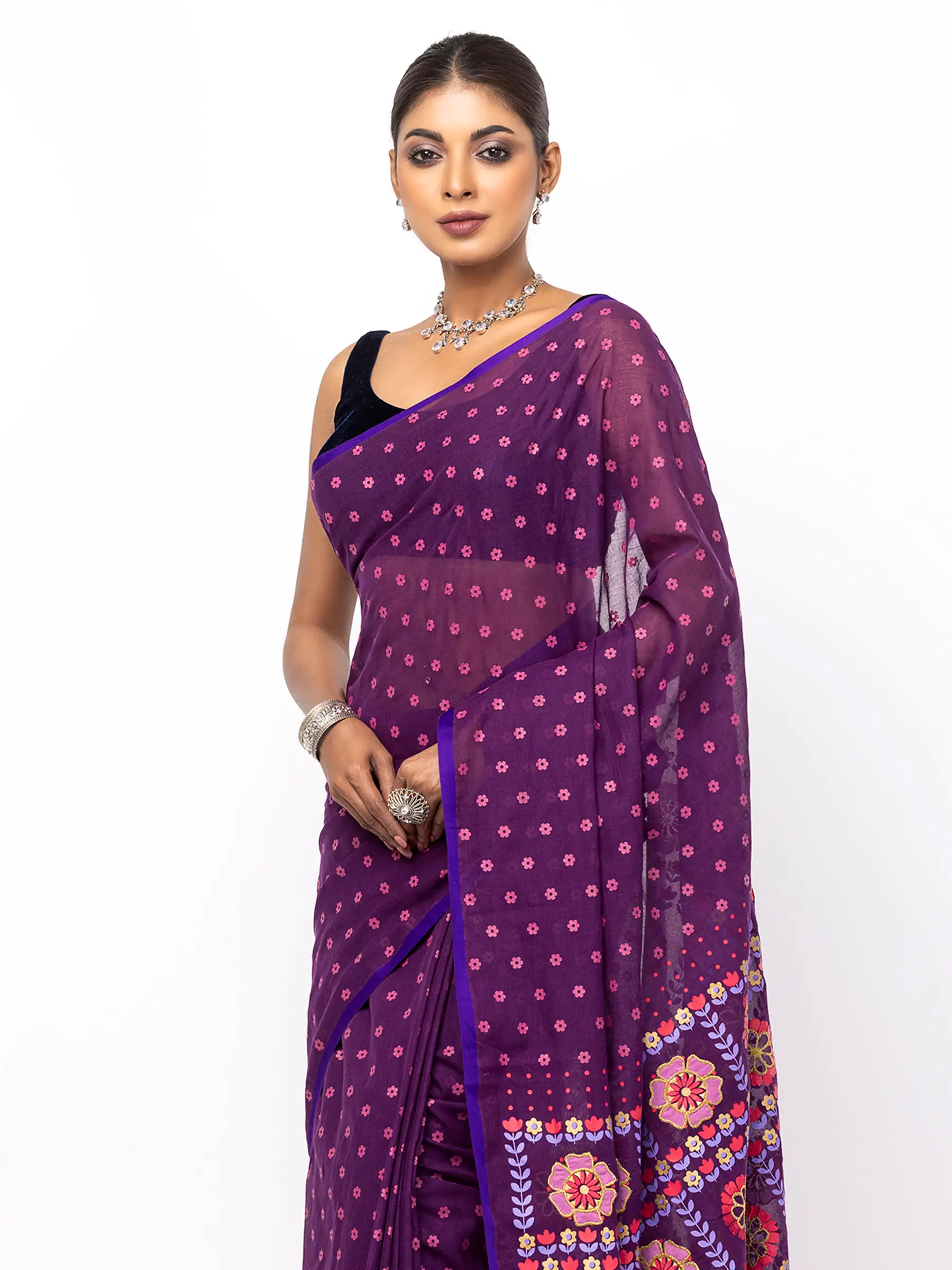 Plum Appliqued and Embroidered Cotton Saree - Image 3