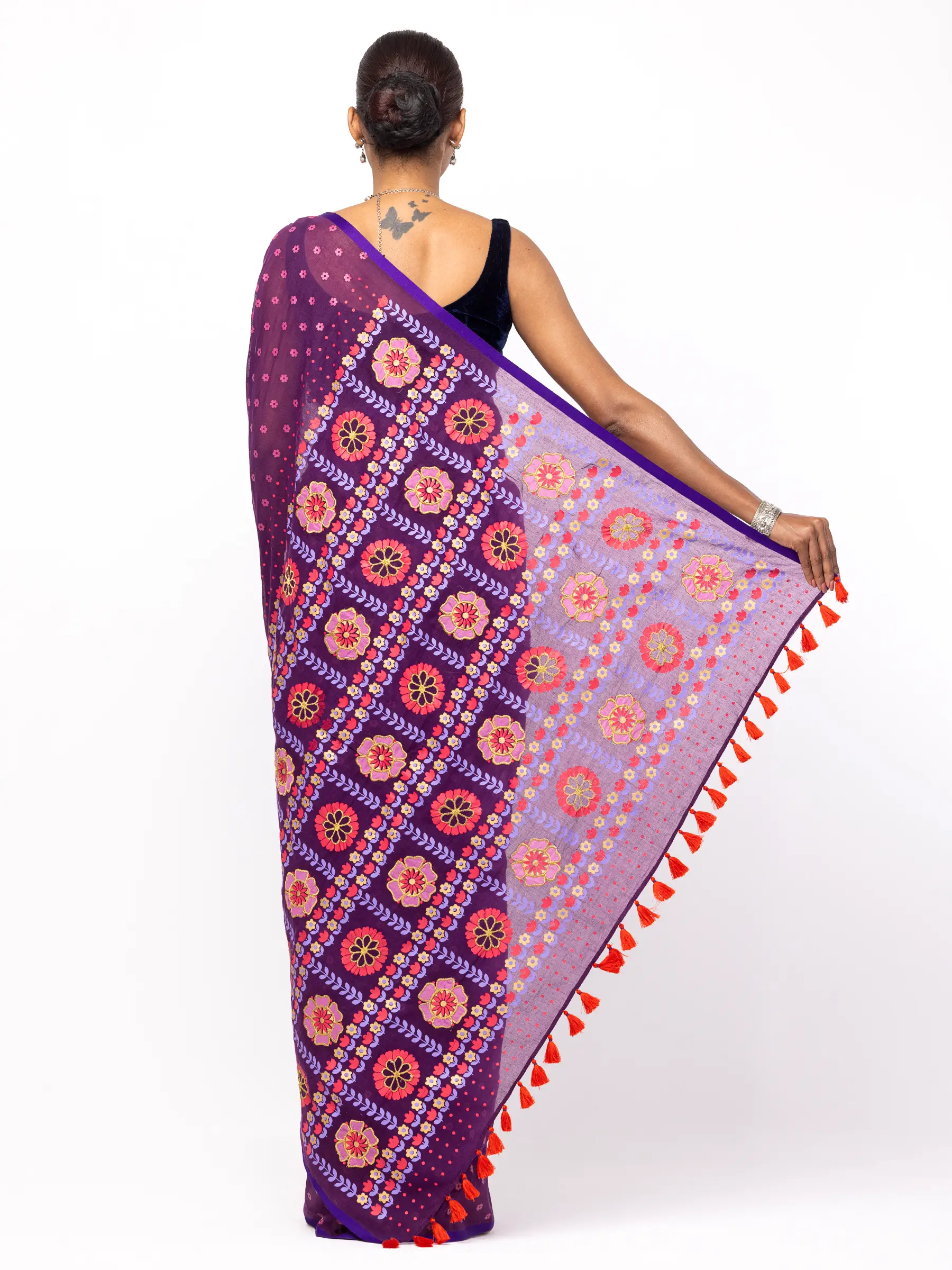 Plum Appliqued and Embroidered Cotton Saree - Image 2