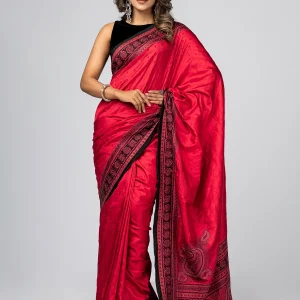 Red Printed and Nakshi Kantha Embroidered Silk Saree