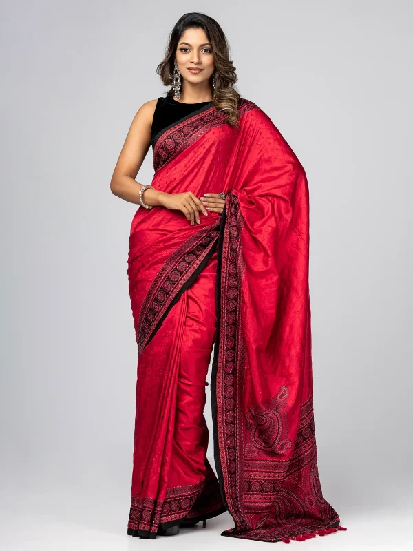 Red Printed and Nakshi Kantha Embroidered Silk Saree