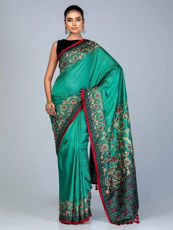 Sea Green Printed and Embroidered Silk Saree