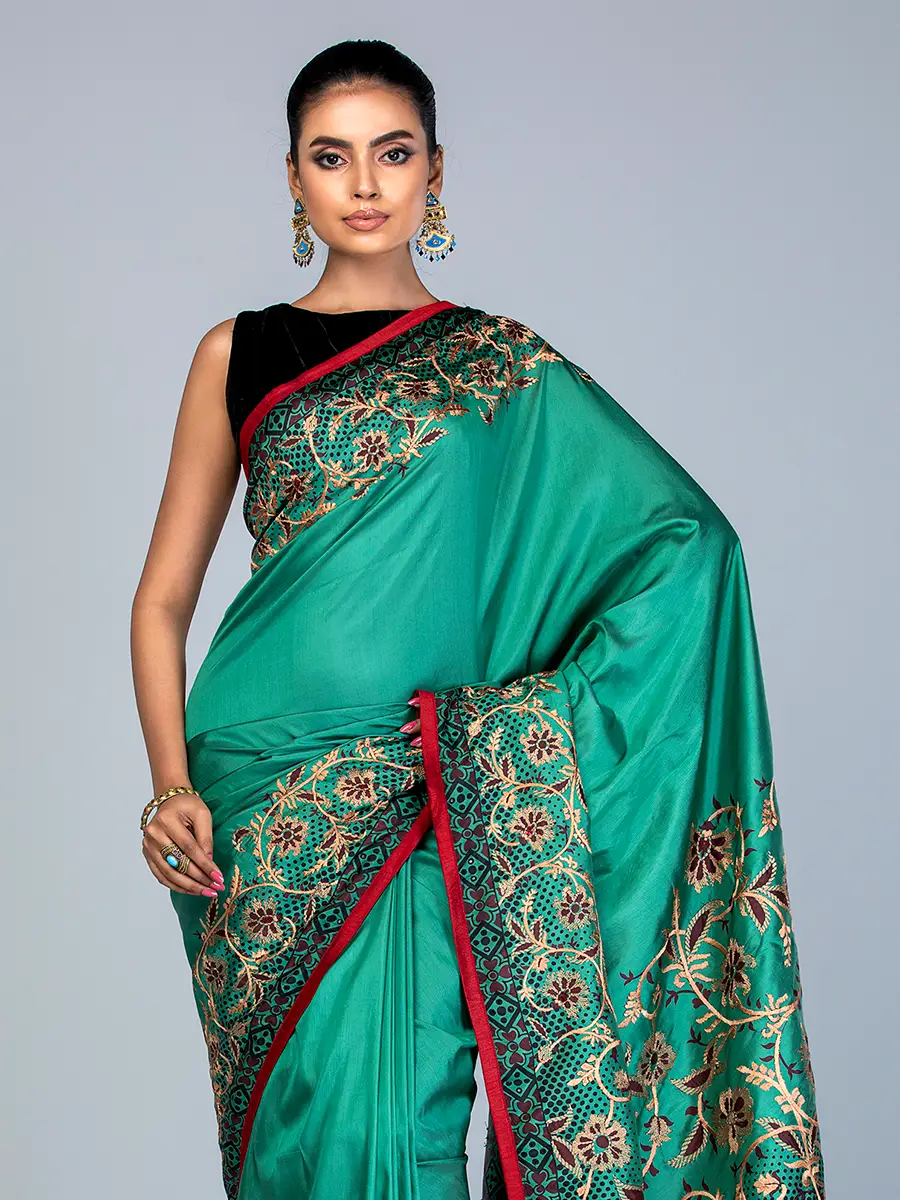 Sea Green Printed and Embroidered Silk Saree - Image 3