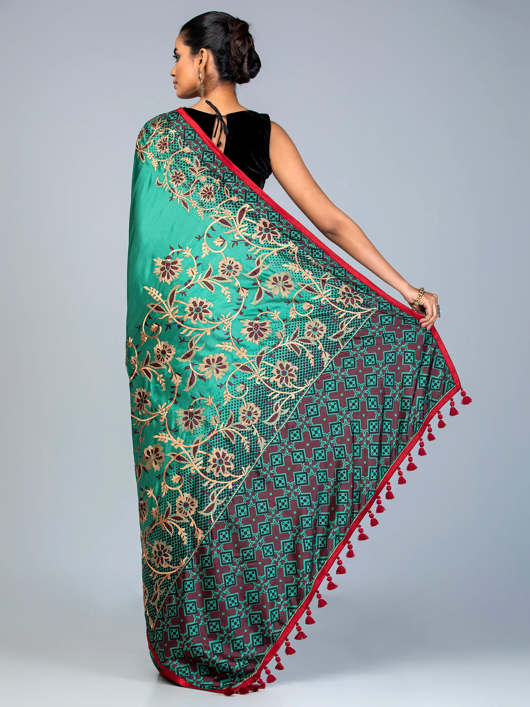 Sea Green Printed and Embroidered Silk Saree - Image 2